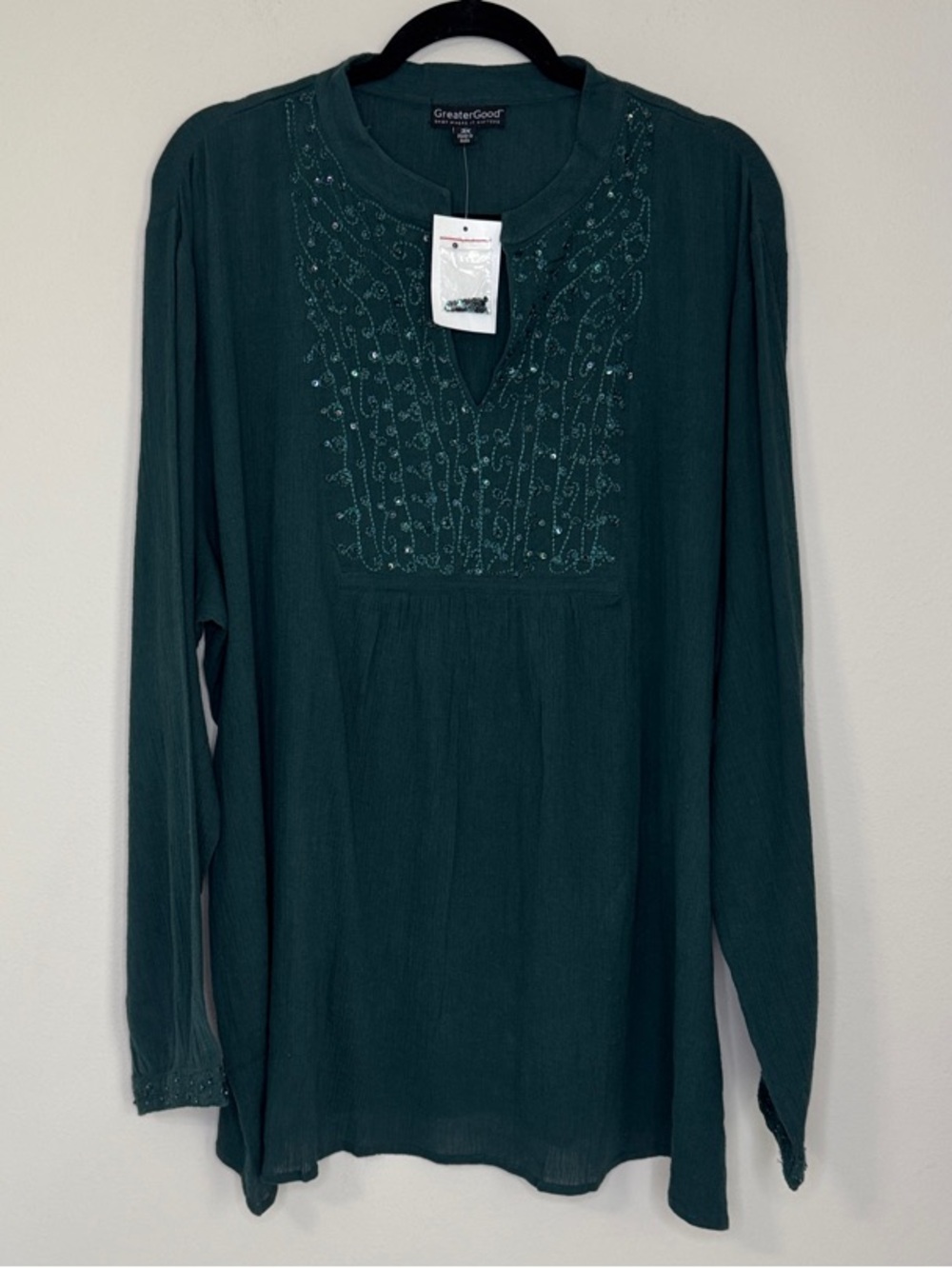 GreaterGood Teal Embroidered Beaded Sequined Holiday V-Neck Tunic 3X